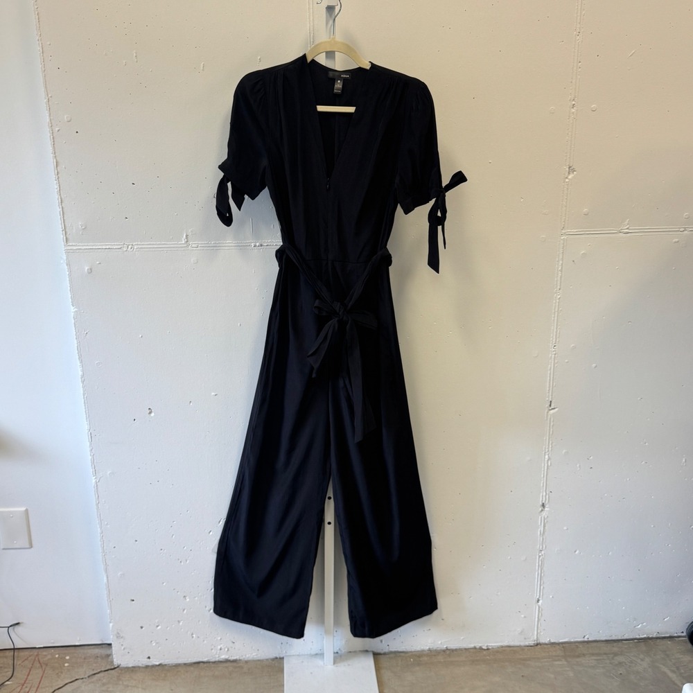 AQUA V-Neck Short Sleeve Tie Cuff Wide Leg Jumpsuit Size XS Outing Black Women's